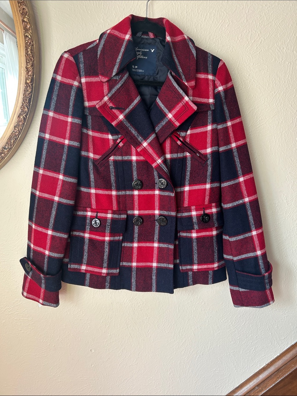 Vintage Y2K American Eagle Outfitters Red & Navy Plaid Double-Breasted Pea Coat